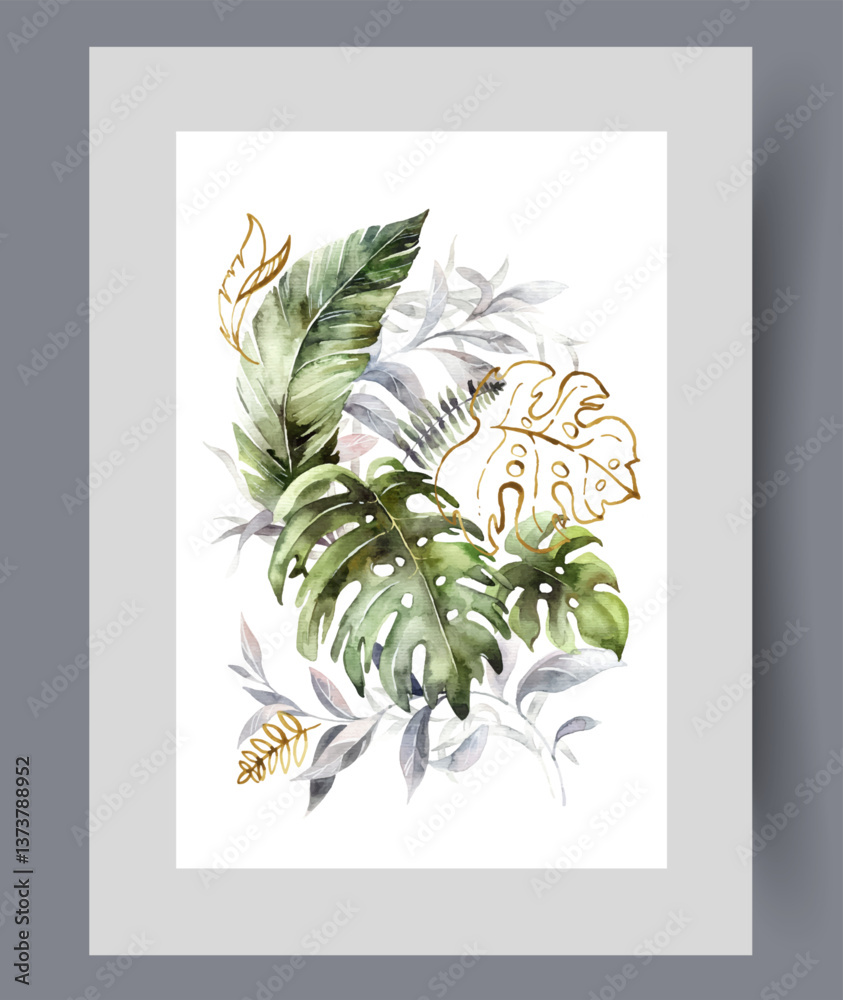 Tropical plants with petals of herbs and bushes growing in southern jungle on wall art. Watercolor artwork. Print with thickets of tropical plants from hot island, in frame with decor for poster