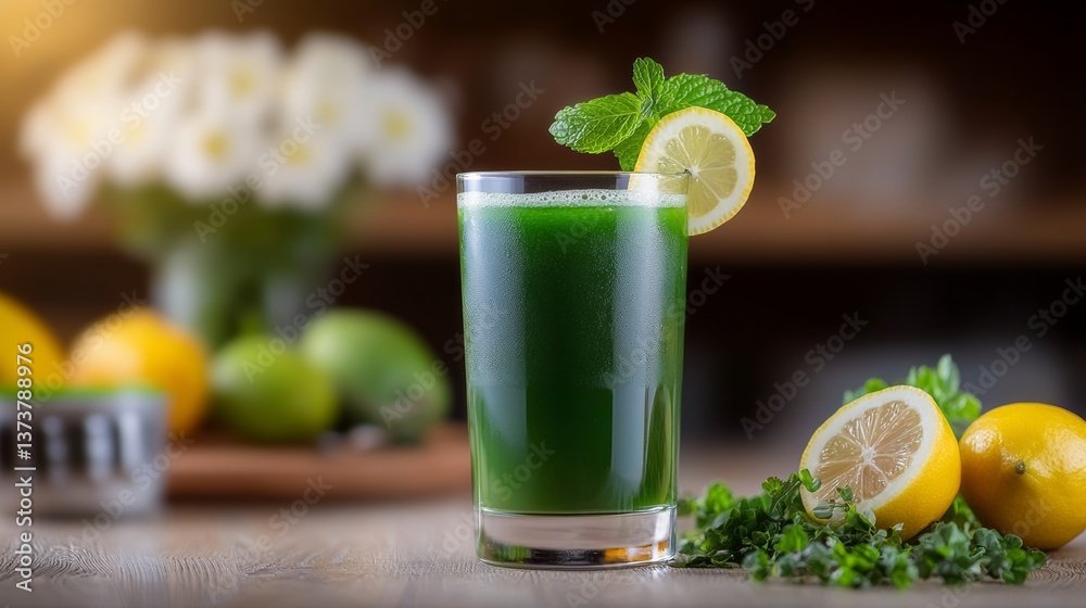 Green drink with a lemon slice on top is on a table. The drink is served in a clear glass Green drink with a lemon slice on top is on a table. The drink is served in a clear glass