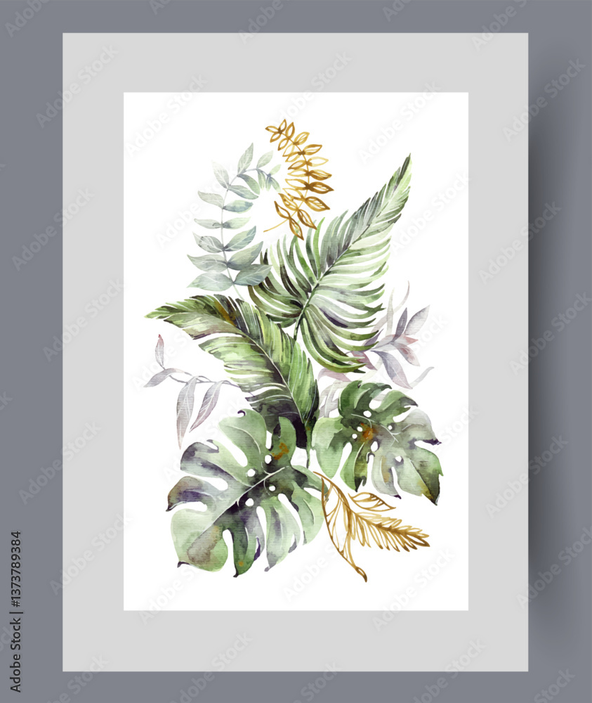 Tropical plants from paradise jungle located on shores of southern ocean on wall art. Watercolor print. Artwork with petals of tropical plants and herbs or palm trees, in frame with decor for poster