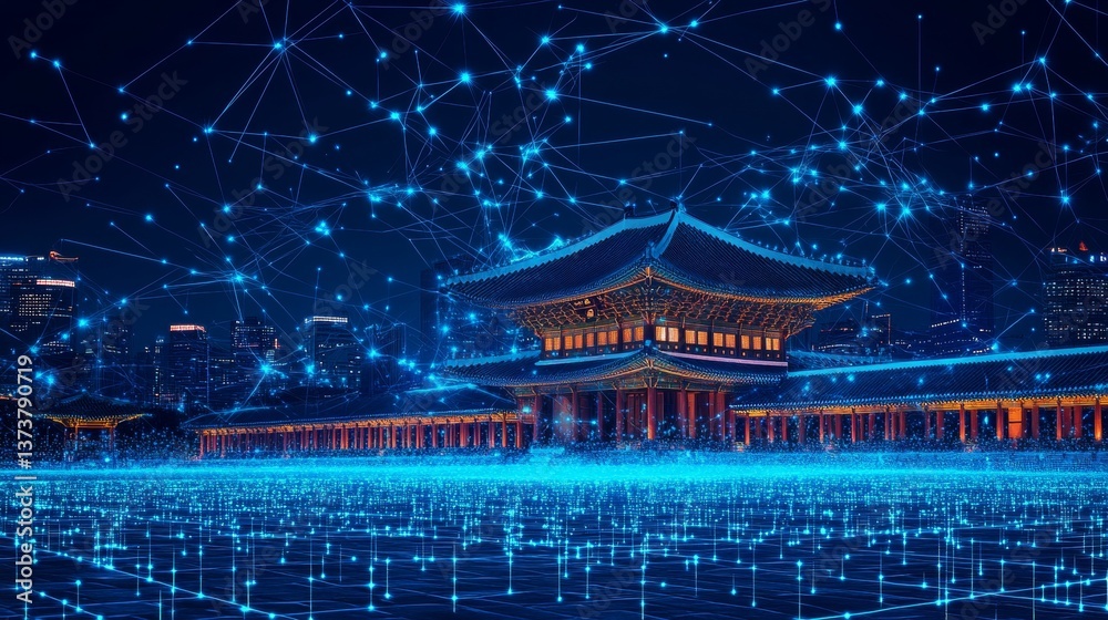 Historic Asian Architecture Meeting Modern Technology with Futuristic Blue Network Overlay