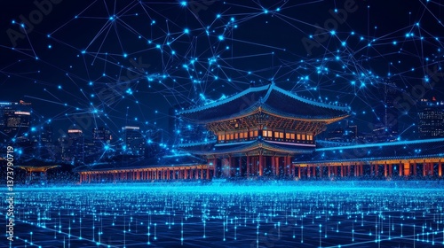 Obraz na płótnie Historic Asian Architecture Meeting Modern Technology with Futuristic Blue Network Overlay w salonie