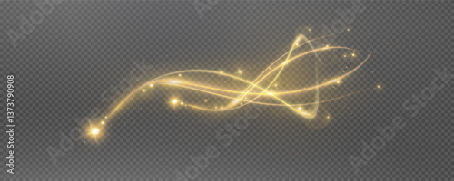 Vector png background with gold glowing lines. Gold glowing lines of speed. Light glow effect. Light trail wave, fire trail line and glow curve swirl.