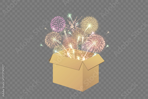 Gift Box Set, open and closed. Set of Christmas boxes with ribbons, bows and surprises, vector png.	
