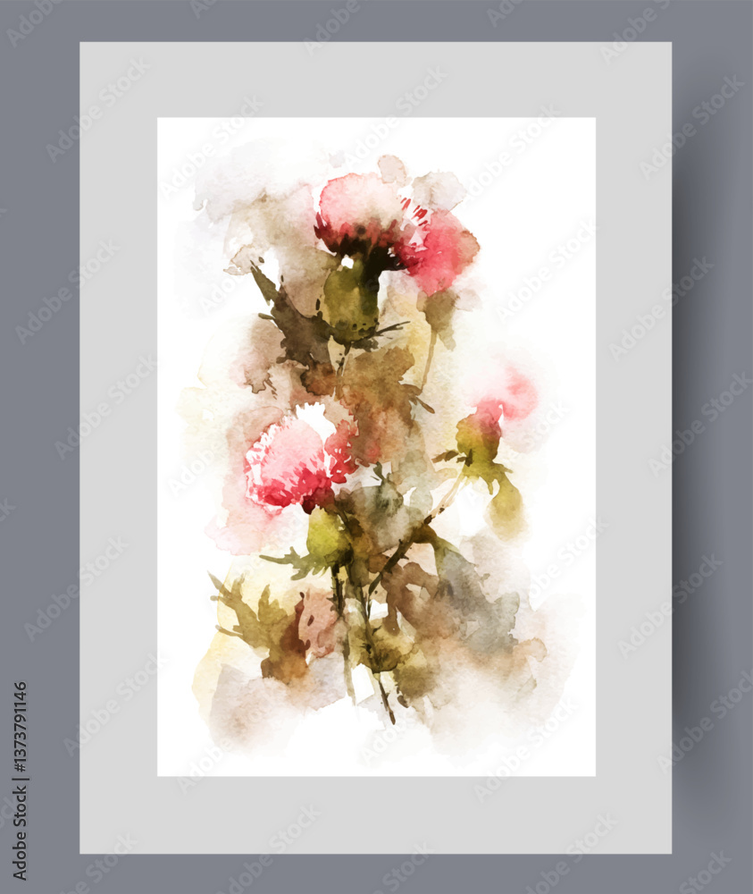 Summer prickly dried flowers and weeds growing in wild fields of southern regions on wall art. Watercolor artwork. Print with dried flowers to create interior bouquets, in frame with decor for poster