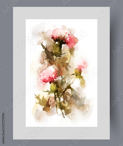 Obraz na płótnie Summer prickly dried flowers and weeds growing in wild fields of southern regions on wall art. Watercolor artwork. Print with dried flowers to create interior bouquets, in frame with decor for poster w salonie