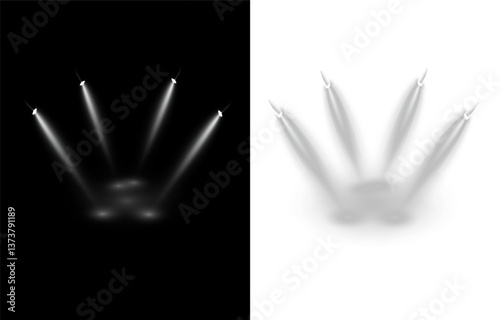 The vector set of light includes a light source, studio lighting, walls, and a PNG. It also includes spotlight lighting and a spotlight PNG. Finally, it includes light beams and a light effect.