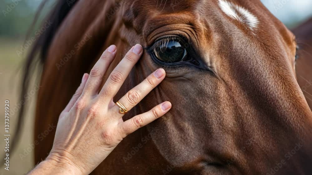 A woman's hand caressing the head of a brown horse - Close-up portrait of the horse - Eyes closed - Concept of tenderness and care for animals.