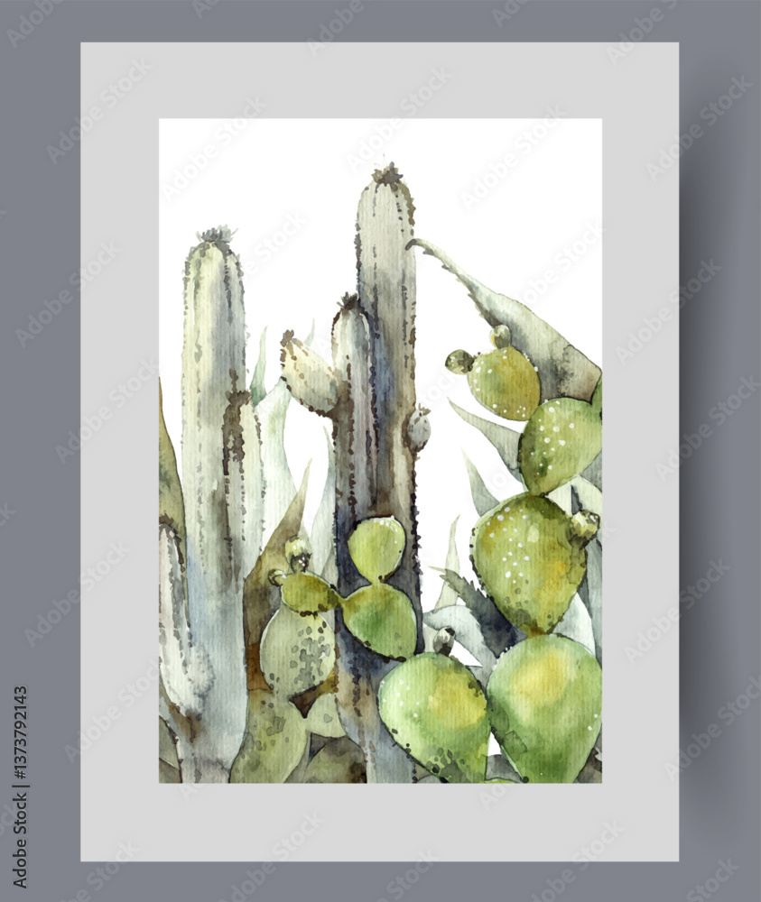 Cacti with sharp thorns and prickles growing in hot, arid climates on wall art. Watercolor artwork. Poster with green various cacti from steppes of Texas or Mexico, in frame with decor for print