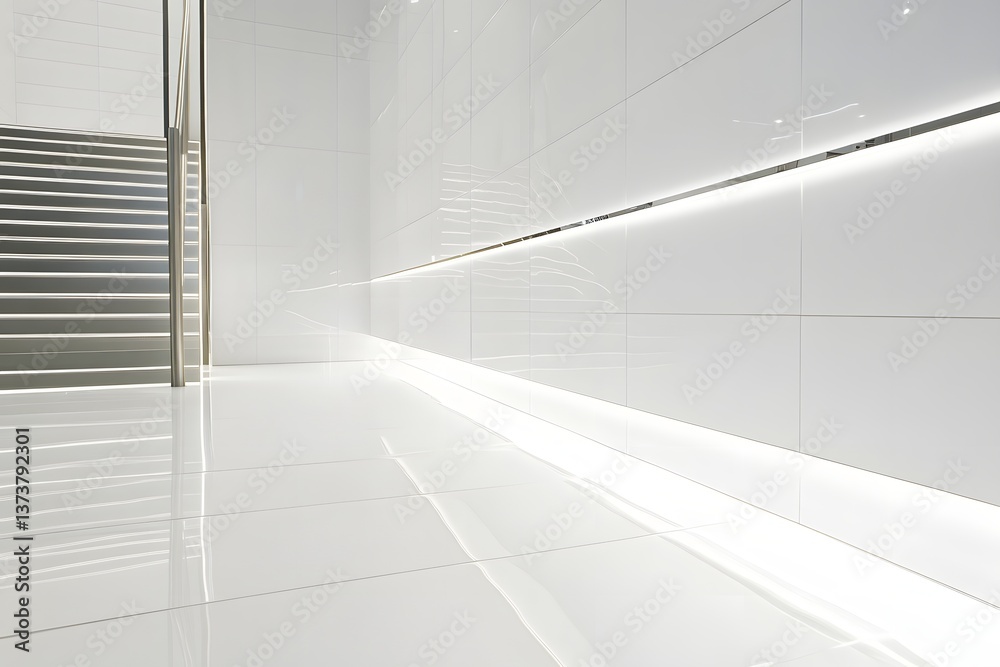 Fototapeta premium Bright Indoor Space with Stairs and Reflective Floor for Design