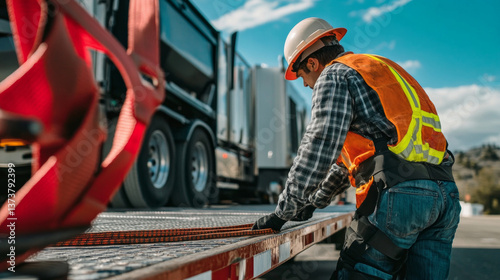 A driver focuses on securing straps on a flatbed trailer, ensuring cargo stability. The clear sky suggests a sunny day at a busy construction site. Safety gear is worn for protection.