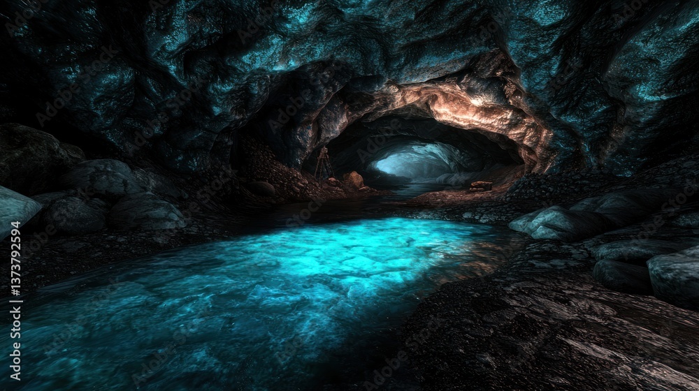 Serene underground cave featuring glowing blue water and rocky formations in a tranquil setting Serene underground cave featuring glowing blue water and rocky formations in a tranquil setting