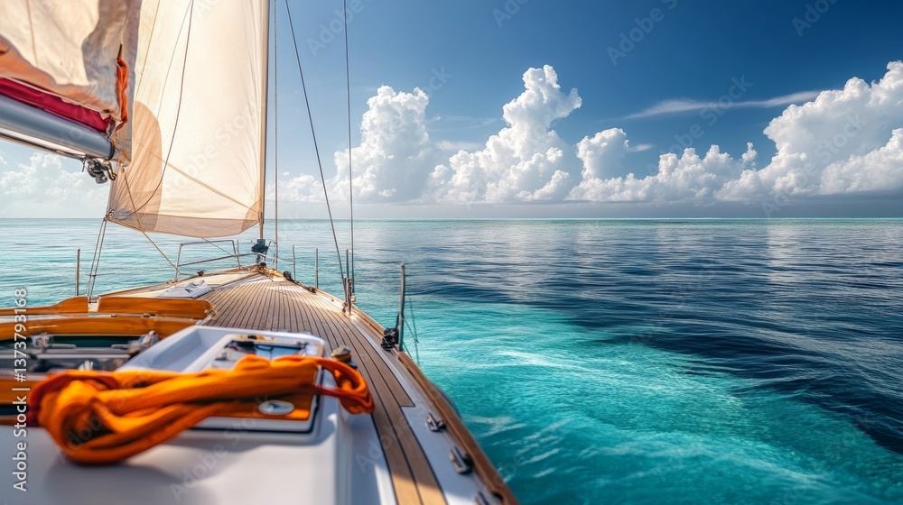 Fototapeta premium Sailboat is sailing in the ocean with a blue sky in the background. The sail is white and the boat is moving through the water