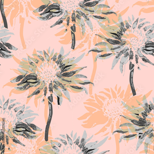 Watercolor gentle seamless pattern with transparent flowers in warm pastel tones. For floral design, apparel textile, wallpaper, bedding, fabric, package.