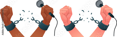 Hands with  microphone break chains of shackles