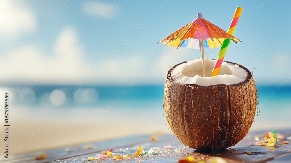 Fototapeta premium Coconut with a straw in it is sitting on a table next to the ocean. The umbrella on top of the coconut adds a tropical vibe to the scene