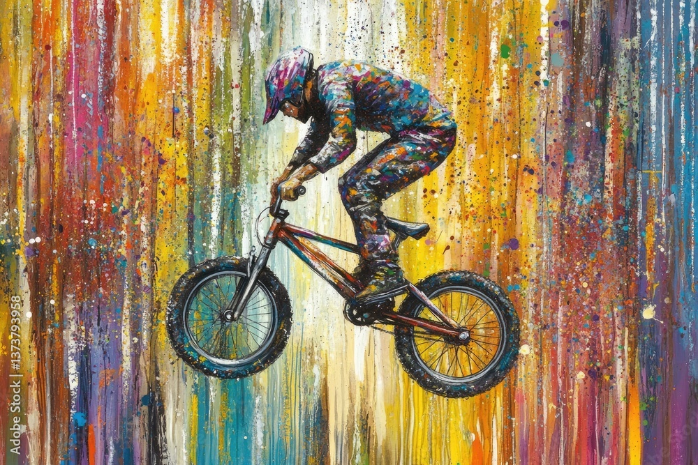 Fototapeta premium Vibrant BMX Rider in Mid-Jump Against Colorful Background