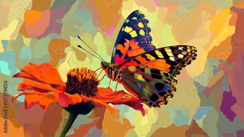 A digitally crafted image of a butterfly on a flower, surrounded by an abstract multicolored background. The combination of bright tones brings energy and artistic flair.. AI Generation