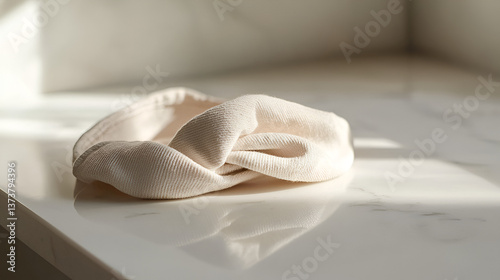 Beige fabric head band on white marble surface with sunlight; subtle, texture and calming; fashion.
