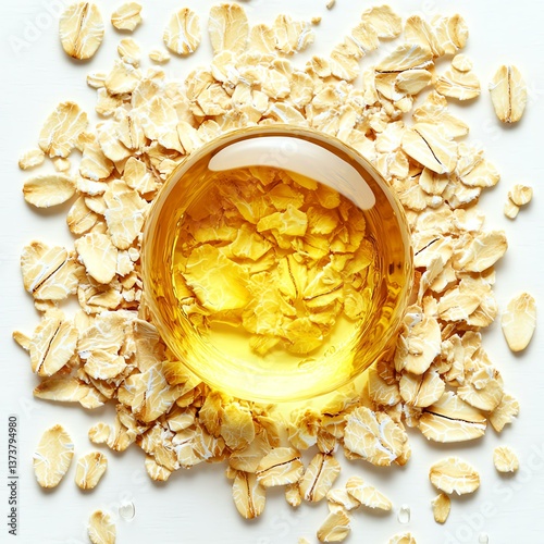 Golden oil with oats on white background.