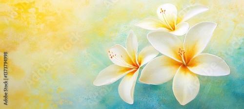 Delicate White Plumeria Flowers on Pastel Turquoise Watercolour Background, Soft and Dreamy Feel