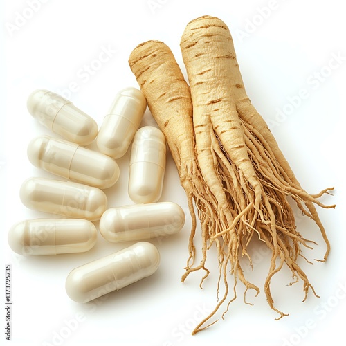 Ginseng roots and capsules for herbal health.