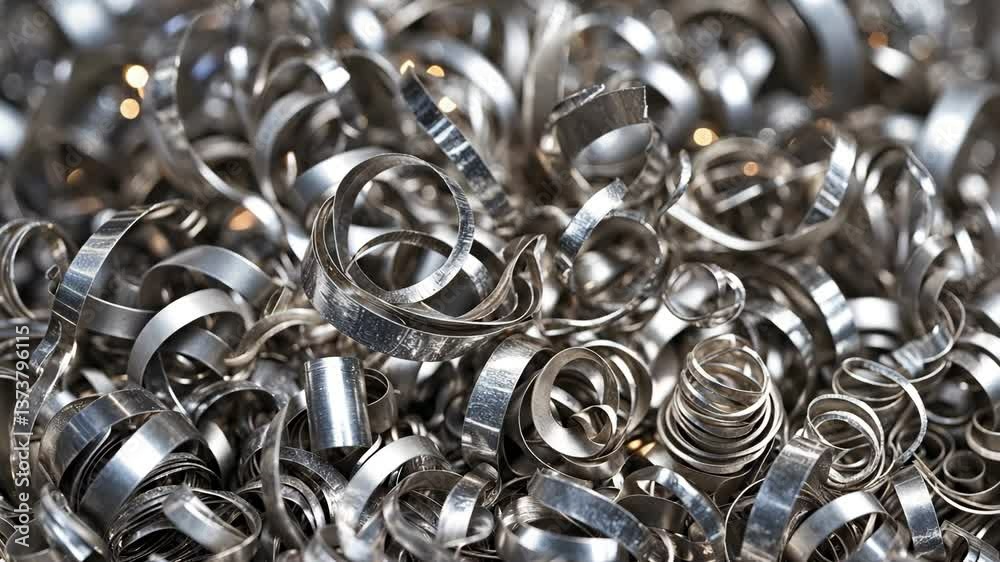 Close-up view of numerous metal shavings, following operation on a machine. Macro texture of metal shavings.