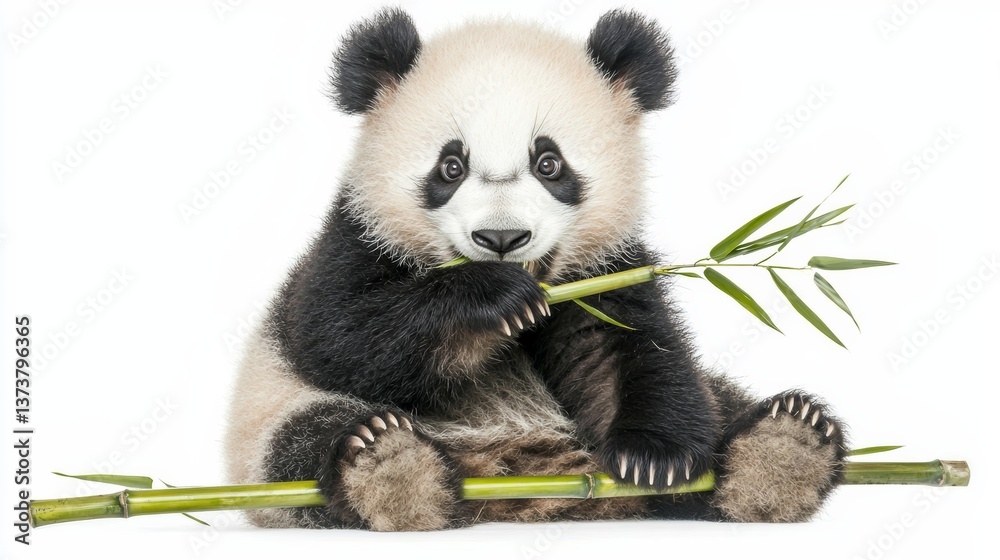 Naklejka premium A panda sitting while eating bamboo, looking adorable, white background 