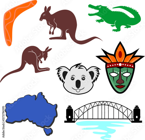 Icons of Australia Boomerang, Kangaroo, Crocodile, Koala and Sydney Bridge