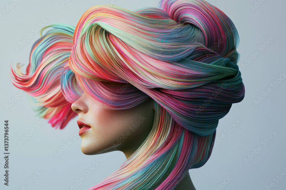 Fototapeta premium Rainbow Elegance – Creative Color Explosion Hairstyle