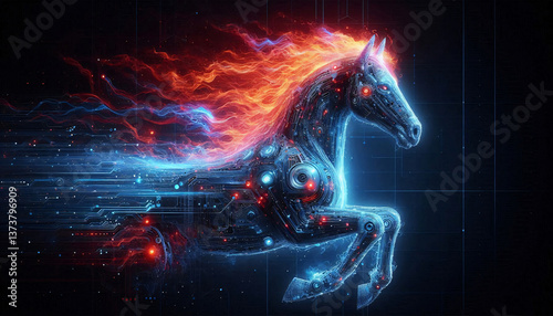 A futuristic AI-generated fire horse with glowing holographic mane, biomechanical textures, fiery elements, and floating digital symbols, illuminated by deep neon blue and red cyber lighting