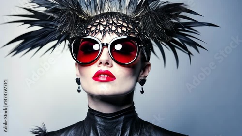 Model showcases avant-garde fashion with bold accessories and striking makeup in a creative studio setting