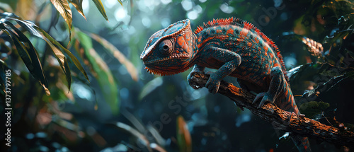 Chameleon in a lush tropical jungle, glowing with vivid neon hues. Exotic wildlife.Generative ai
