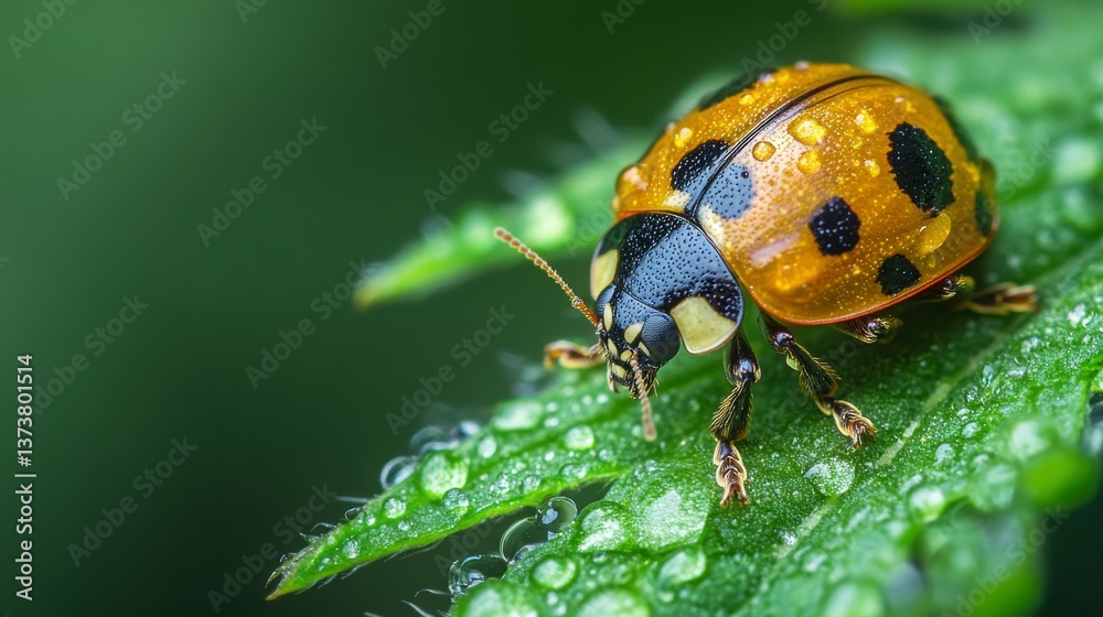 Fototapeta premium Close-Up of Vibrant Orange Beetle Resting on Green Leaf Surface