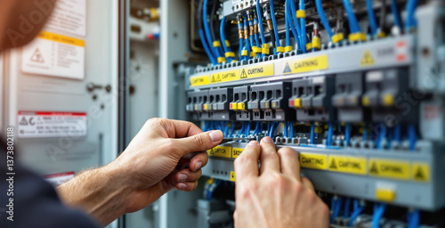 Technician working on an industrial electrical cabinet with circuit breakers and blue wires, close-up photo, indoor background, concept of future technology. Ai generative