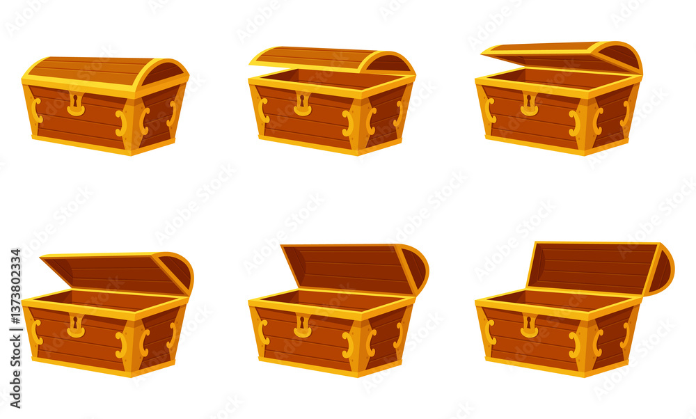 Chest animation. Game wooden antique box. Empty old wooden chest for gold treasure. Cartoon ancient container for pirates isolated icon on white Chest animation. Game wooden antique box. Empty old wooden chest for gold treasure. Cartoon ancient container for pirates isolated icon on white