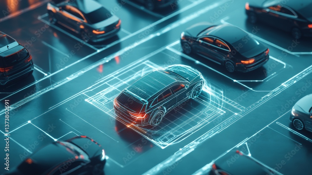 Naklejka premium A digital 3D render showcasing a network of autonomous vehicles in a neon-lit parking lot, emphasizing technological innovation and self-driving car systems.. AI Generation