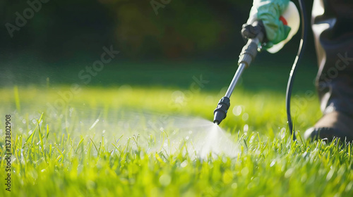 spraying pesticide with portable sprayer to eradicate garden weeds in the lawn. weedicide spray on the weeds in the garden. Pesticide use is hazardous to health. Weed control concept.