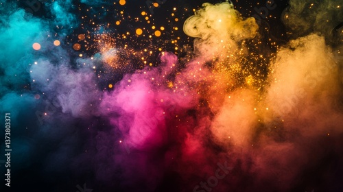 An abstract composition of vibrant clouds of colored smoke, with glittering particles dispersed throughout. The vivid hues of pink, blue, yellow, and orange create a dynamic visual effect, perfect for
