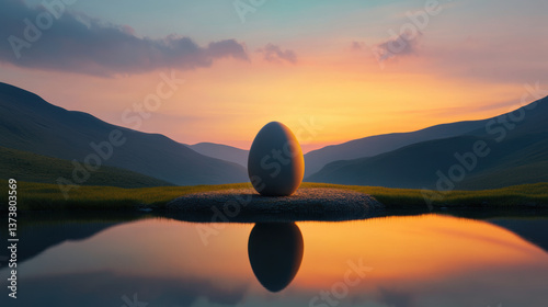A surreal landscape with a giant Easter egg in the center of a lake, A serene landscape featuring a large egg-shaped stone beside a tranquil lake at sunset