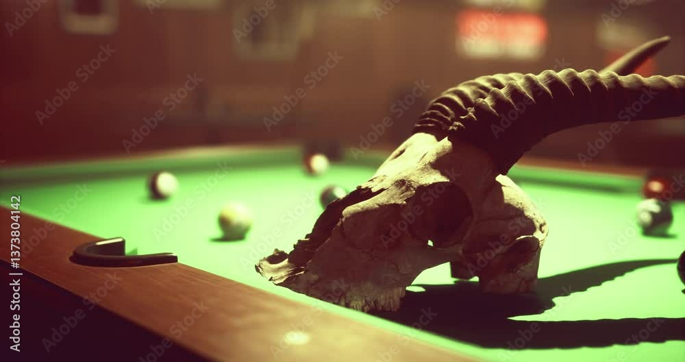 A unique setting features a pool table illuminated by soft light. A skull with prominent horns rests on the green felt, surrounded by colored billiard balls. The atmosphere feels eerie and intriguing.