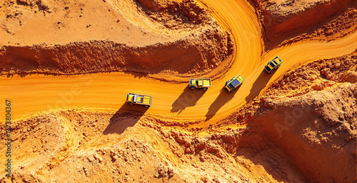 Four yellow industrial trucks drive on a winding orange dirt road in a futuristic mining site under bright daylight, showing future of industry and technology. Ai generative