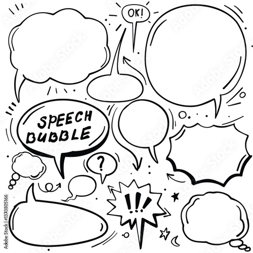Set of speech bubble, comic sticker, chat box and empty social media message balloon silhouette or communication network symbol in doodle cartoon style