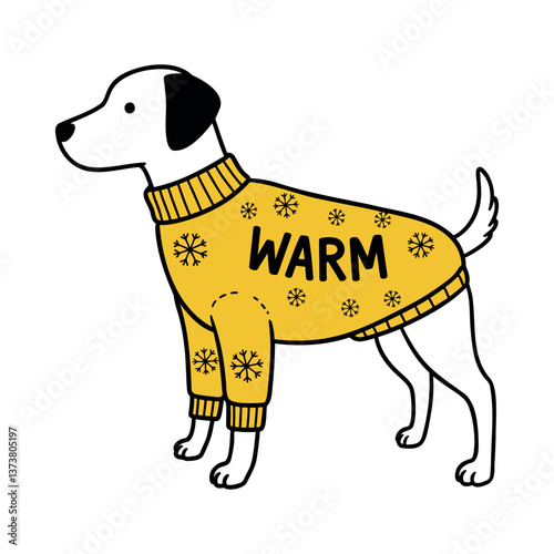 Cute dog wearing a yellow sweater that says "WARM," standing confidently