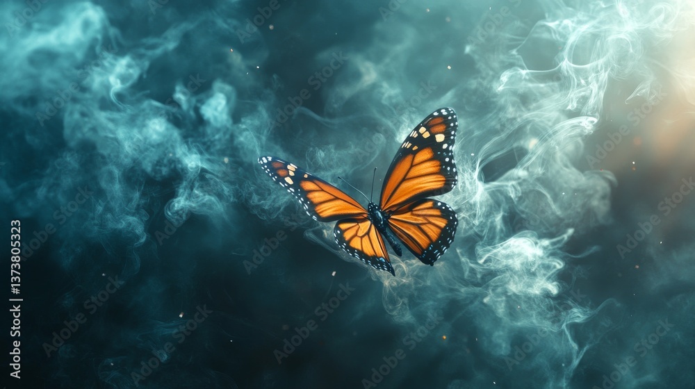 Obraz premium A vibrant monarch butterfly is set against a mystical background of swirling smoke and soft light. The contrasting colors of the orange wings and deep blue smoke create a dreamy and ethereal