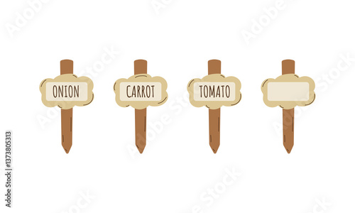 Garden markers or plant labels set. Cartoon vector flat illustration. Isolated on white background. Garden signs for plants.