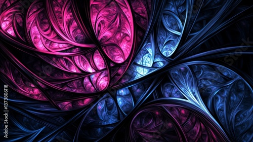 A mesmerizing fractal design in rich pink and blue tones, forming intricate patterns that evoke a sense of movement and energy. Ideal for abstract and digital art themes.. AI Generation