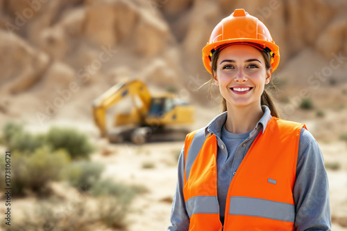 Woman in orange safety vest and helmet at construction site with excavator, realistic style, desert background. Concept of industry and technology future. Ai generative