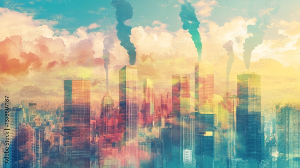 Obraz premium A dynamic scene showing smoke stacks emitting pollution over a vibrant city skyline. The contrast between the colorful hues and the dark smoke highlights the theme of environmental impact and urban
