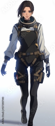 Futuristic explorer poised for adventure. A woman in a sleek spacesuit stands silhouetted against a stark white background, radiating determination photo