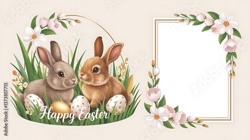 Elegant Easter Greeting Card with Adorable Brown Bunnies Sitting Among Lush Greenery and Golden Speckled Eggs Featuring a Blank Frame for Custom Text and Happy Easter Message in a Soft Pastel Theme